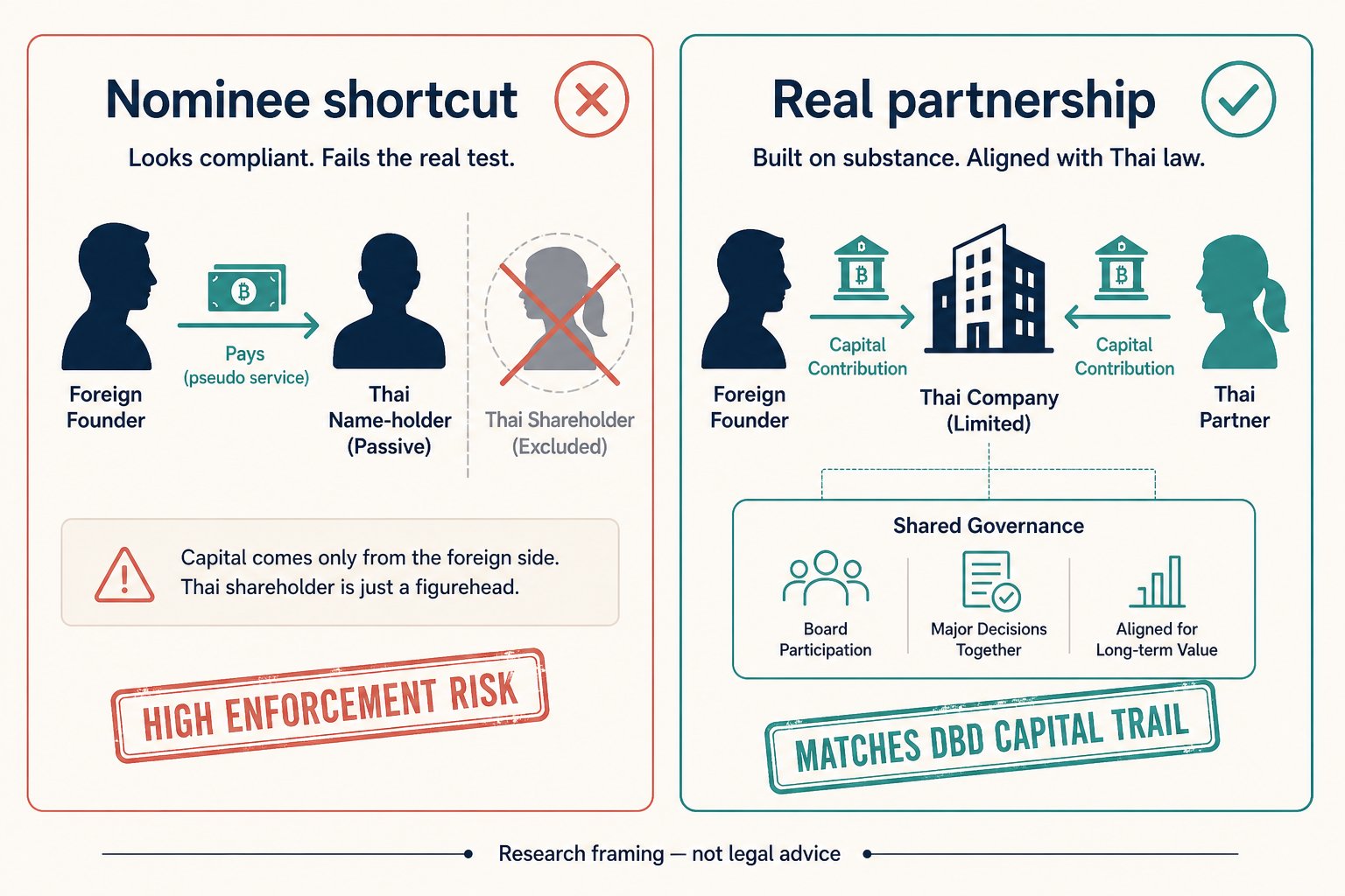 Comparison of a nominee shortcut versus a real partnership with capital from both sides and shared governance