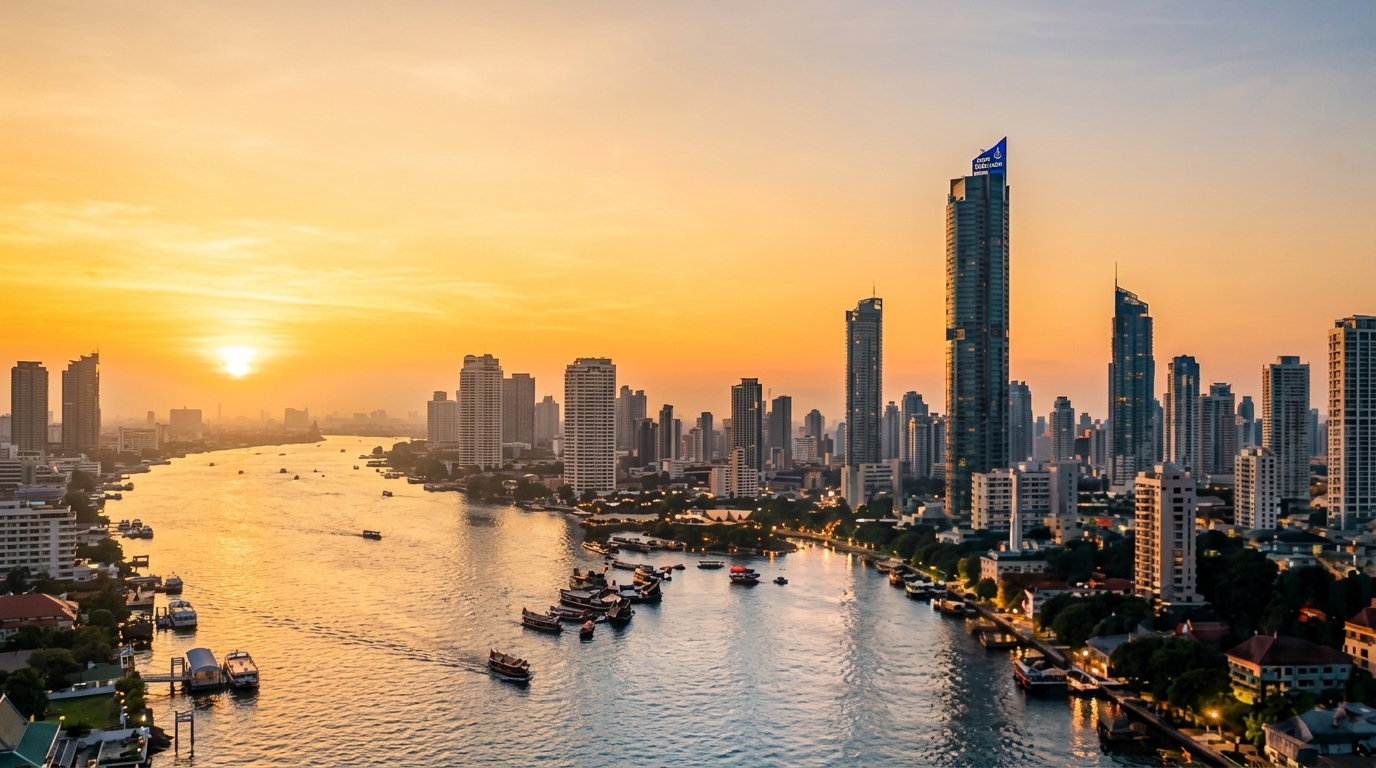 Bangkok skyline Chao Phraya river sunset